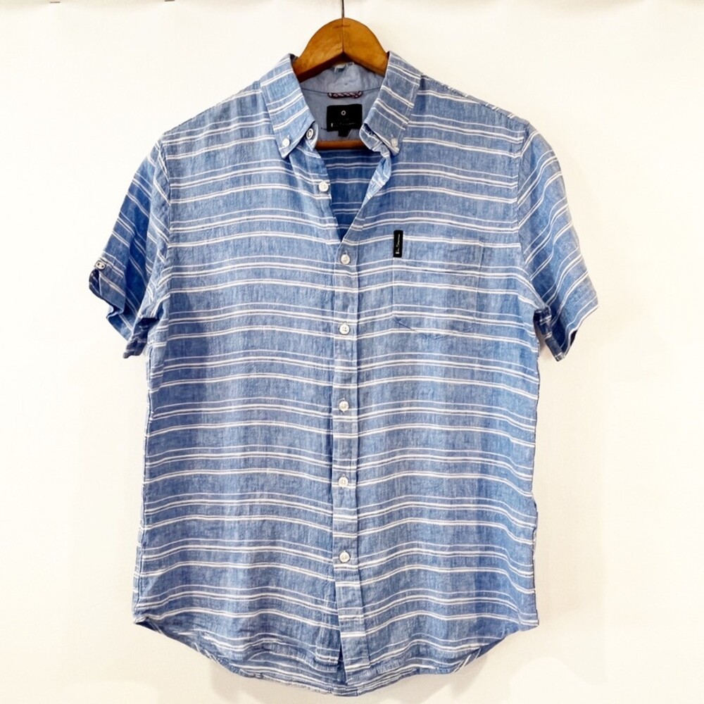 Ben Sherman Blue White Striped Linen Blend Shirt Medium NEW Summer